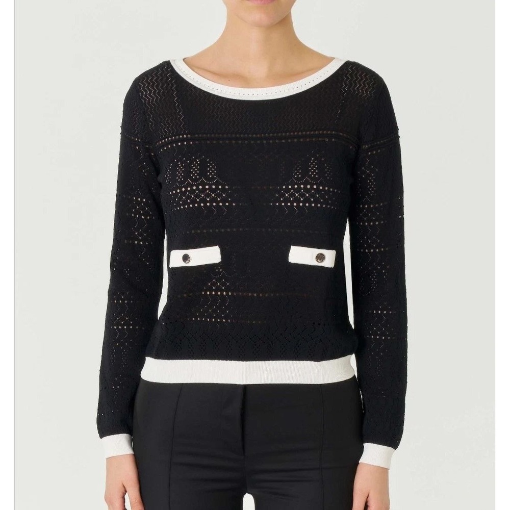 Jason Wu Sheer Knit Pointelle Sweater Black with White Trim size small